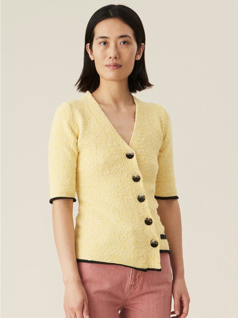 GANNI Butter Yellow Asymmetric Slub Cotton Button Cardigan Sz M Trim Minimalist